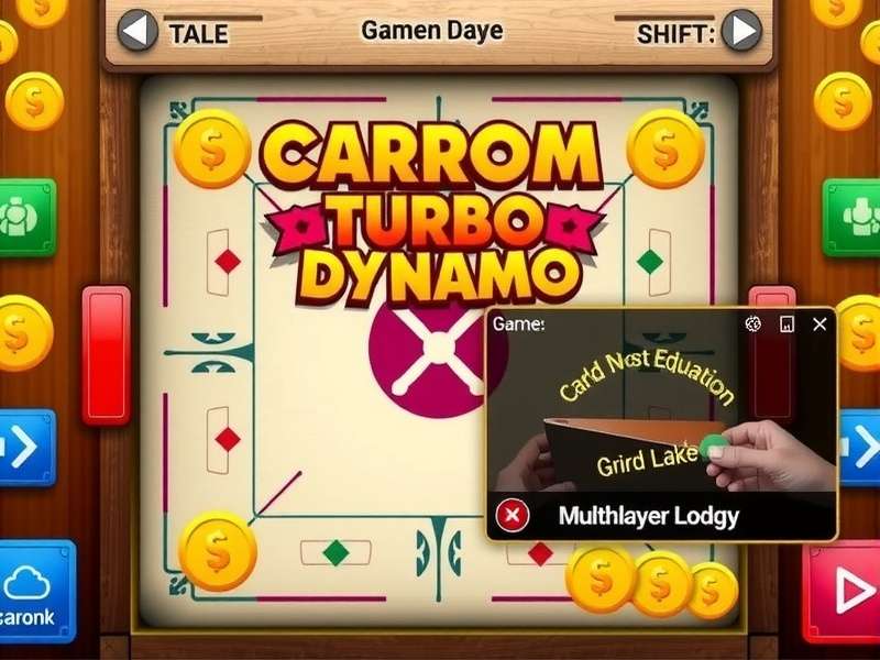 Carrom Turbo Dynamo main game screen showing carrom board, coins, and multiplayer lobby
