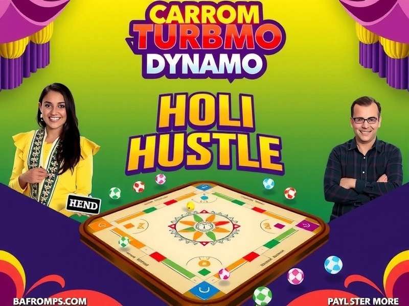 Carrom Turbo Dynamo Holi Hustle event poster with colorful board and players